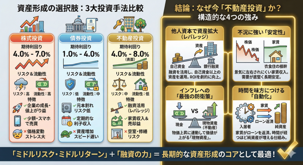株式・債権・不動産投資比較表